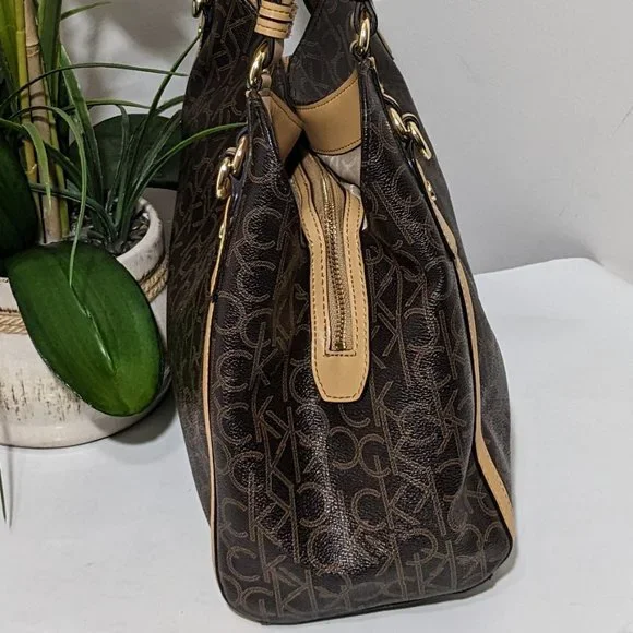 Calvin Klein Signature Tote Shoulder Bag Brown CK Monogram Print Brown Leather